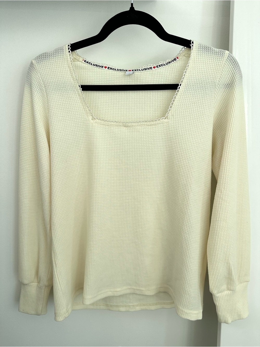 Cream Waffle Knit Square Neck Long Sleeve Top Balletcore Romantic Thermal